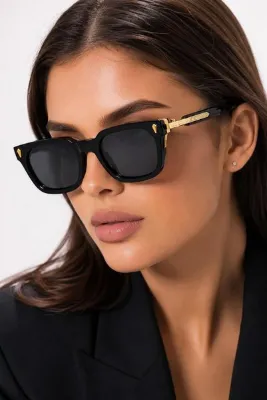 Nilu Moda UV400 Premium Siyah Güneş Gözlüğü | Gold Metal Detaylı Kadın
