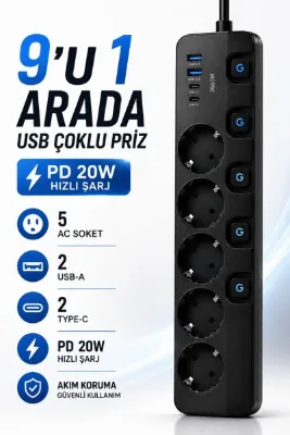 RAYLAX 5'li Akım Korumalı USB Çoklu Priz 2 USB-A 2 Type-C PD 20W Hızlı Şarj Anahtarlı Grup Priz 3680W (2 Metre)