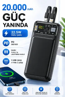 MATECHNO 20.000 mAh Powerbank 22.5W Hızlı Şarj PD Destekli Dahili Type-C & Lightning Kablolu 1 USB + 1 Type-C Çıkışlı Dijital Göstergeli Taşınabilir Şarj Cihazı