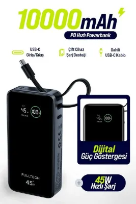 Fulltech FP54 10000mAh 45W PD Hızlı Şarjlı Powerbank | 45W Kablosuz Şarj | Entegre USB-C Kablo | Dij