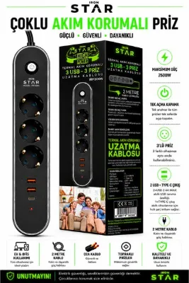 IRONSTAR TERMAL AKIM KORUMALI 2XUSB GRİŞLİ 3X PRİZ GİRİŞİ 2MT UZATMA KABLOLU ÇOKLU PRİZ