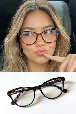 LUNE EYEWEAR KATİE CAT EYE LEOPAR MAVİ IŞIK KORUMALI ŞEFFAF GÖZLÜK