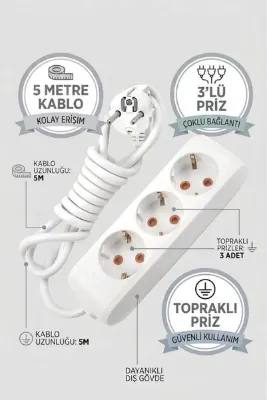 VESTA Concept 5 Metre 3'lü Grup Priz Topraklı Uzatma Kablosu - Isıya Dayanıklı Beyaz Elektrik Dağıtıcı, Çoklu Priz Ara Kablo