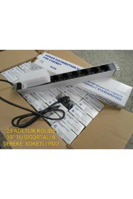 AMP CONNECT 19" 1u 6'lı Schuko Sigortalı Aluminyum Rack Kabin Grup Priz Pdu(25 Adet)