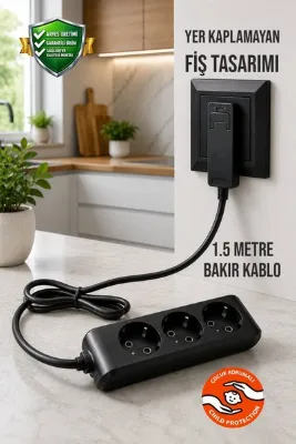 Aryes 3lü Siyah Priz 1.5m İnce Fiş Uzatma Kablosu %100 Bakır Kablo Mobilya Arkası Kullanım