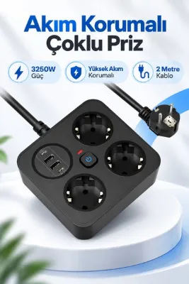 sonx 3250W Yüksek Akım Korumalı 3'lü Çoklu Priz - 2 Metre Kablolu, 2 USB + 2 Type-C Girişli Güvenli Uzatma Kablosu