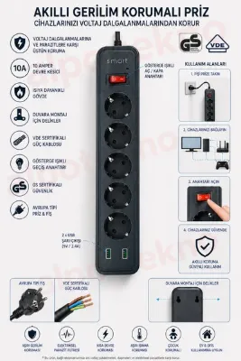 alpotekno Akıllı Akım Korumalı 5’li Priz 2 USB Girişli | 10A Devre Kesici | GS & VDE Sertifikalı | Avrupa Tipi