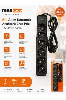 Nisa 6'lı Akım Korumalı Anahtarlı Topraklı Grup Priz 1,5 Metre Siyah 2500W