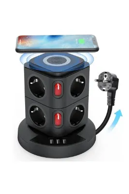 Protonust Yeni Akım Korumalı 2.4a Kule Priz Kablosuz Şarj Istasyonu 8x Soketli 3x Usb Wireless Kablolu Priz