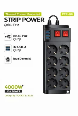 MO DOU Akıllı Priz Termal Akım Korumalı 8 Prizli Çoklu Akım Prizi | 3 USB 4000W 16A PD