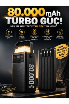 Moxti 80.000 mAh Powerbank KAMP ÖZEL – Süper Hızlı Şarj, 4 Dahili Kablo, 5 Cihaz Desteği,15 KEZ TELEFON ŞARJ ET - LED Işığı ve Dijital Ekranlı