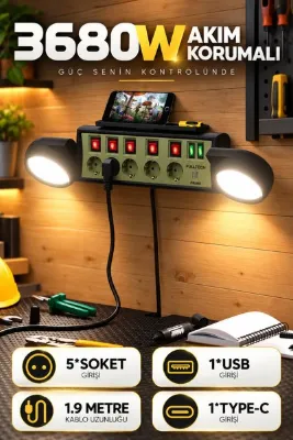 Enshall 5’li Fulltech FTR-37 Akıllı Güç İstasyonu, 1 USB-A + 1 USB-C, Çift LED Aydınlatmalı, Anahtarlı Çoklu Priz