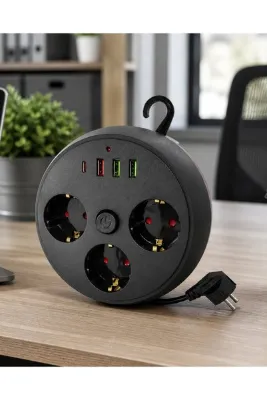 Akım Korumalı Çoklu Priz 3 Priz 3 USB 1 Type C 2 Metre Kablo Güvenli Şarj