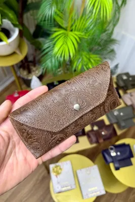 CüzCan Taba Motifli Hakiki Deri Gözlük Kılıfı ( Kişiye Özel İsim Baskılı )