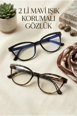 Zzla Mavi Işık Korumalı 2'Lİ SET Gözlük Cat Eye Optik Uyumlu (Şeffaf Camı Değişebilir) 52 Ekartman