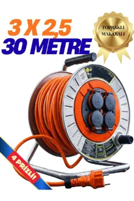 KLC 3x2.5 Mm Cca Kablo 30 Metre Makaralı Seyyar Kablo Kapaklı 4 Prizli Metal Uzatma Kablosu