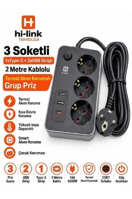 ZEYar Teknoloji Hi-Link Termal Akım Korumalı Uzatma Kablosu 3 Priz 2 USB 1 Type-C 2 Metre 16A 4000W