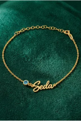 Byozcan Kişiye Özel 925 Ayar Gümüş Gold Rengi Doğum Taşlı İsim Bileklik