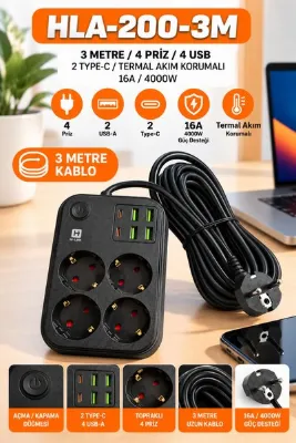Happy Owl 4 Prizli Akım Korumalı Uzatma Kablosu 4000W 16A 4 USB 2 Type-C Çoklu Priz 2M 3M 5M