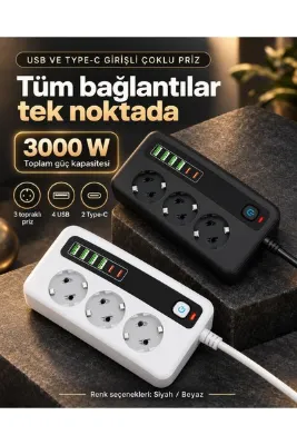 ABRAXTECH 3’lü Topraklı Çoklu Priz 3000 W 4 USB 2 Type-C Anahtarlı Siyah Beyaz Renk Seçenekli