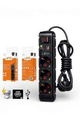 UFO Akım korumalı grup priz 0.50 cm kablolu anahtarlı siyah 3 lü ve USB+type-c şarj aleti 3000 watt