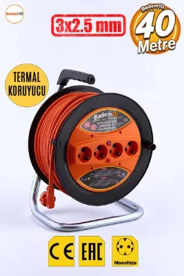 Badem10 Makaralı Cca Uzatma Kablosu 3x2.5 Mm 40 Metre Termal Sigortalı Plastik Seyyar 4 Prizli Monofaze