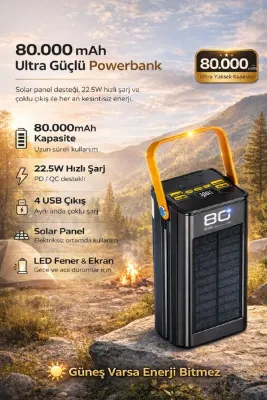 Maybax Güneş Enerjili Solar Powerbank 80.000 mAh Dijital Göstergeli El Fenerli 4 Çıkış Taşınabilir Batarya