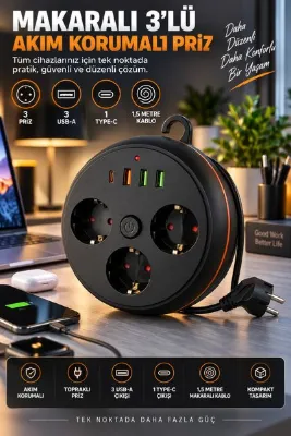 asua Makaralı 3'lü 1.5 M Uzatma Kablosu Akım Korumalı Priz 3x USB 1x Type-C Giriş Duvar Askılı Priz