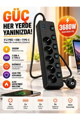 asua 2 MT Kablolu Power Tuşlu Isıya Dayanaklı 5'li Grup Priz Uzatma 2X USB 2X Type-c Çıkışlı Priz Uzatma