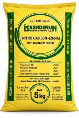 İSKENDERUN GÜBRE Üre + Amonyum Sülfat %33 Azot %26 Suda Çözünür Kükürt Trioksit GÜBRESİ 5 KG