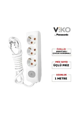VİKO | Üçlü Grup Priz, Anahtarlı Topraklı - Çocuk Korumalı Çoğaltıcı Priz, 3'lü, 1 M, Beyaz