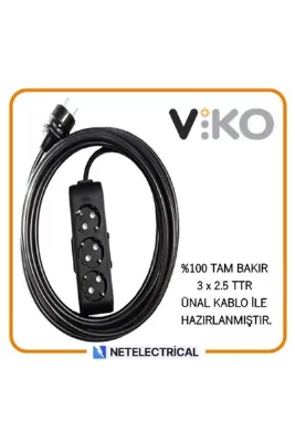 VİKO Multi-let Siyah 3'lü 7 Metre Topraklı Çocuk Korumalı (3x2.5 TTR TAM BAKIR KALIN KABLOLU) Grup Priz