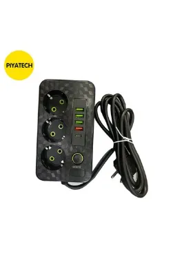 PİYATECH 2500W Akım Korumalı 3'lü Grup Priz – 4 USB & 1 Type-C Hızlı Şarj Soketli 1.5 Metre