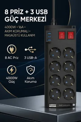 The Wlue 8'li Priz | 4000Watt |16A | Akım Korumalı | 2 Metre Uzatma Kablosu | 3xUSB-A | 2.1A