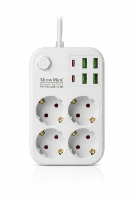 ShowMax SH-4629 Termal Akım Korumalı 4'lü Priz (4 USB + 2 Type-C Çıkışlı / 2 Metre)
