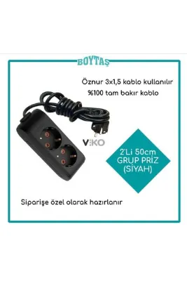 VİKO 2'li Siyah Topraklı Grup Priz / Öznur 3* 1.5 Kablo Kullanılır / 50 Cm Yarım Metre / Size Özel