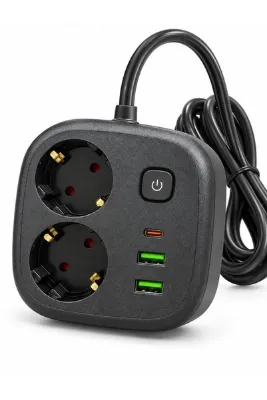 SMAYLİNG Akım Korumalı Çoklu Priz 2 Metre Kablolu 2'li Topraklı Priz 2 USB ve 1 Type-C Girişli Açma Kapama Düğmeli Siyah