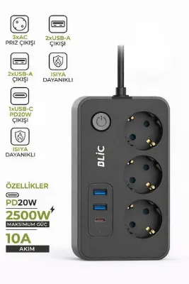 Blackbird Game Center Blic Ftr-02 Akım Korumalı 3Lü Grup Priz - 2500W, 20W PD USB-C ve 2x USB-A Hızlı Şarj, 2 Metre