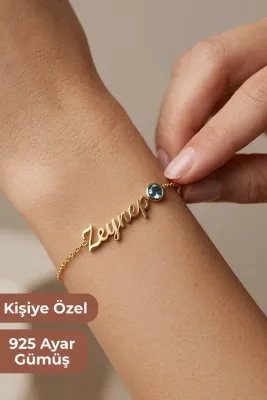 Suvindo Kadın 925 Ayar Gümüş 14K Altın Rengi Kişiye Özel Doğum Taşlı İsimli Bileklik Kadın Hediyelik Takı