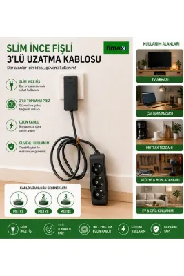 fimaxi Uzatma Kablosu Üçlü priz 2 metre kablolu İnce Fişli, Dar Alanlara Uygun Ve Güvenli siyah
