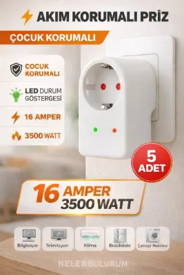 nelerbulurum 5 ADET AKIM KORUMALI VE ÇOCUK KORUMALI ISINMAYA KARŞI KORUNMA 16 AMPER-3500 WATT LED GÖSTERGELİ