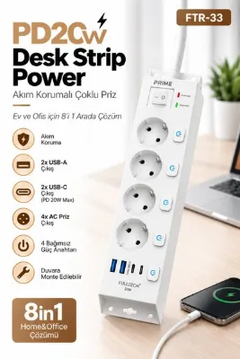 ekovolt FTR-33 Akım Korumalı 4’lü Çoklu Priz – 3680W 16A, 1050J, 2 USB-C PD 20W + 2 USB-A, Ayrı Ana