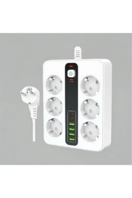 The Kaku 6 Lı PRİZ 6X Soket Termal Akım Korumalı Power Tuşlu 4x USB 2x Type-C Çıkışlı 2MT Kablolu Çoklu Priz