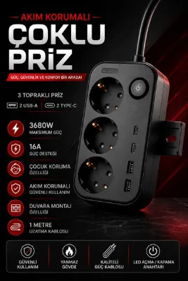 Merwish Akım Korumalı 3'lü Topraklı Priz 2 USB-A 2 Type-C 3680W 16A Anahtarlı Duvara Monte Edilebilir Çoçuk Korumalı