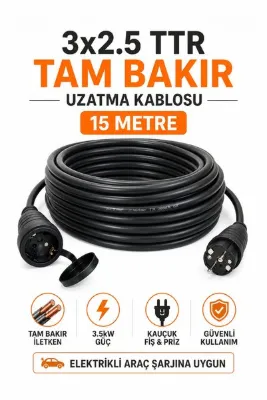 Aryes 3x2.5 TTR Uzatma Kablosu 15 Metre Tam Bakır Kalın Kablo Topraklı Schneider Kauçuk Fişli