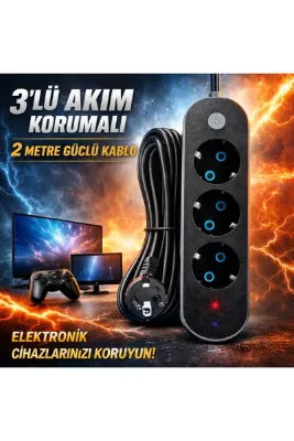 FIRSAT YOLU 3lü Akım Korumalı Priz Anahtarlı Parafudr Anti-Statik 3x1.5mm 2 Metre Uzatma Kablosu Çocuk Korumalı
