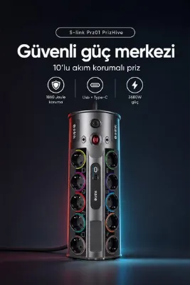 S-LINK PRZ01 Akım Korumalı Priz 10'lu 3M 1860 Joule 1.5mm 1 Usb 1 TypeC 2.1A/5V 16A 250V 3680W