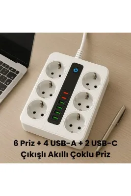 SMAYLİNG 6 Prizli Akıllı Uzatma Kablosu – 4 USB-A + 2 Type-C Hızlı Şarj Çıkışlı Akım Korumalı , 2 Metre Kablo