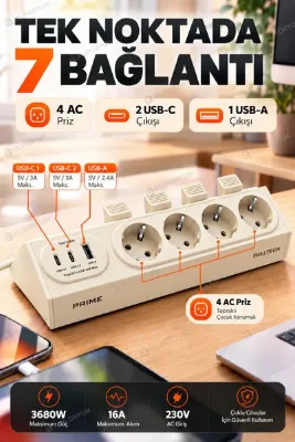 Kılıforyum FTR-36 Prime Akım Korumalı Çoklu Priz 4’lü – 2 USB-C + 1 USB-A 15W, 350J, 3680W, 16A, 2 Metre Kablo, Otomatik Fiş Çıkarma Sistemli Bej