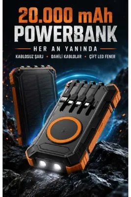RABERA TECH 20.000 mAh Solar Powerbank Güneş Panelli Kablosuz Şarj Dahili 4 Kablolu LED Fenerli